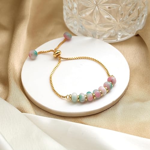 Vista 123 de Gempires - Pulsera de cuentas redondas naturales, chapada en oro amarillo de 14 quilates, joyería hecha a mano, pulseras ajustables para mujer