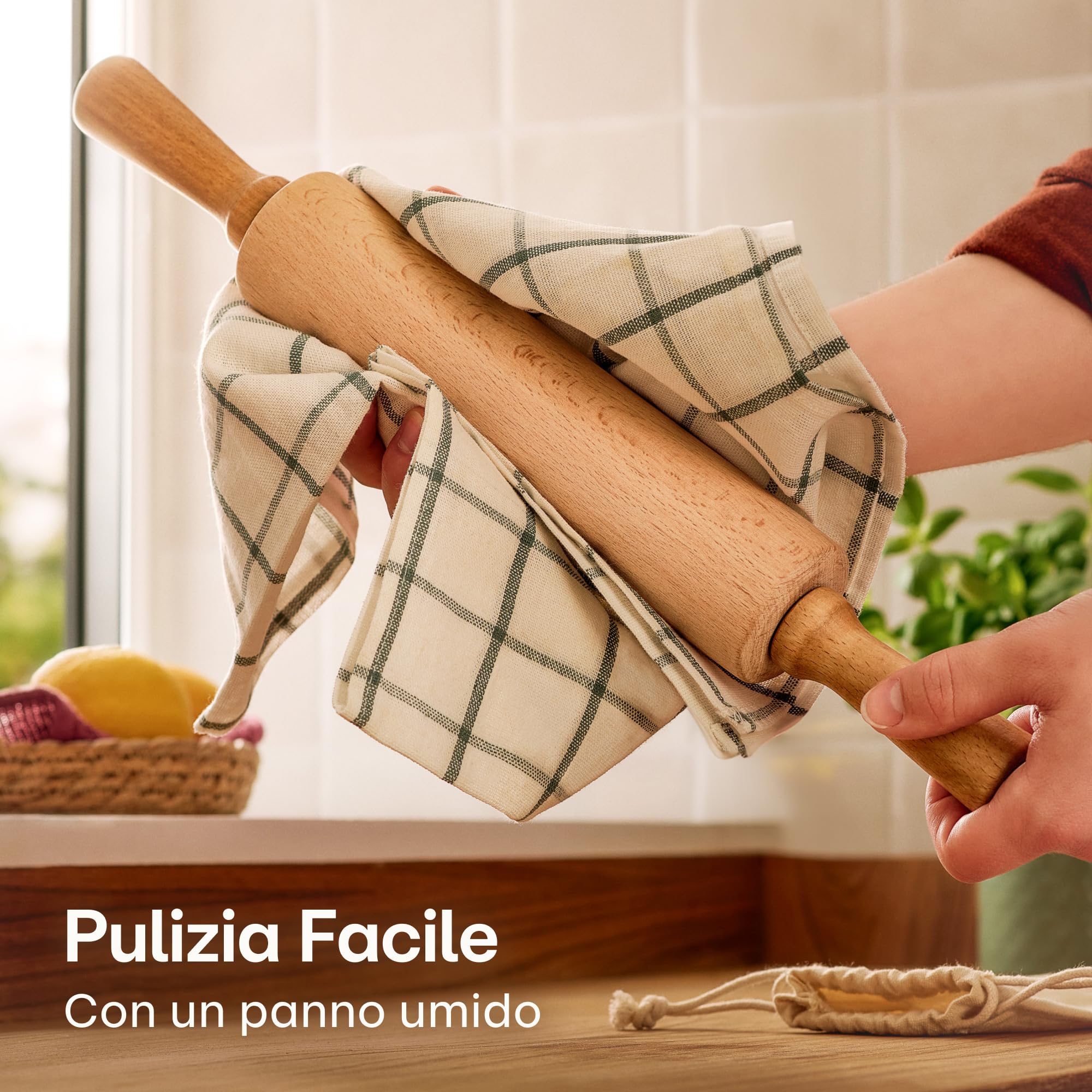 Praknu Matterello in Legno di Faggio FSC® - Con Misurazioni - Manico Ergonomico - Superficie Antiaderente - Con Borsa in Cotone