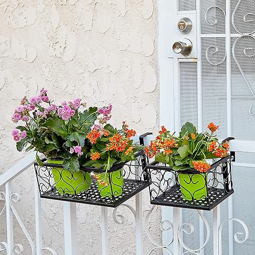 Miniatura 2 de Farmlyn Creek Macetas colgantes de metal para terraza al aire libre, barandilla, patio (negro, 2 tamaños, 2 unidades)