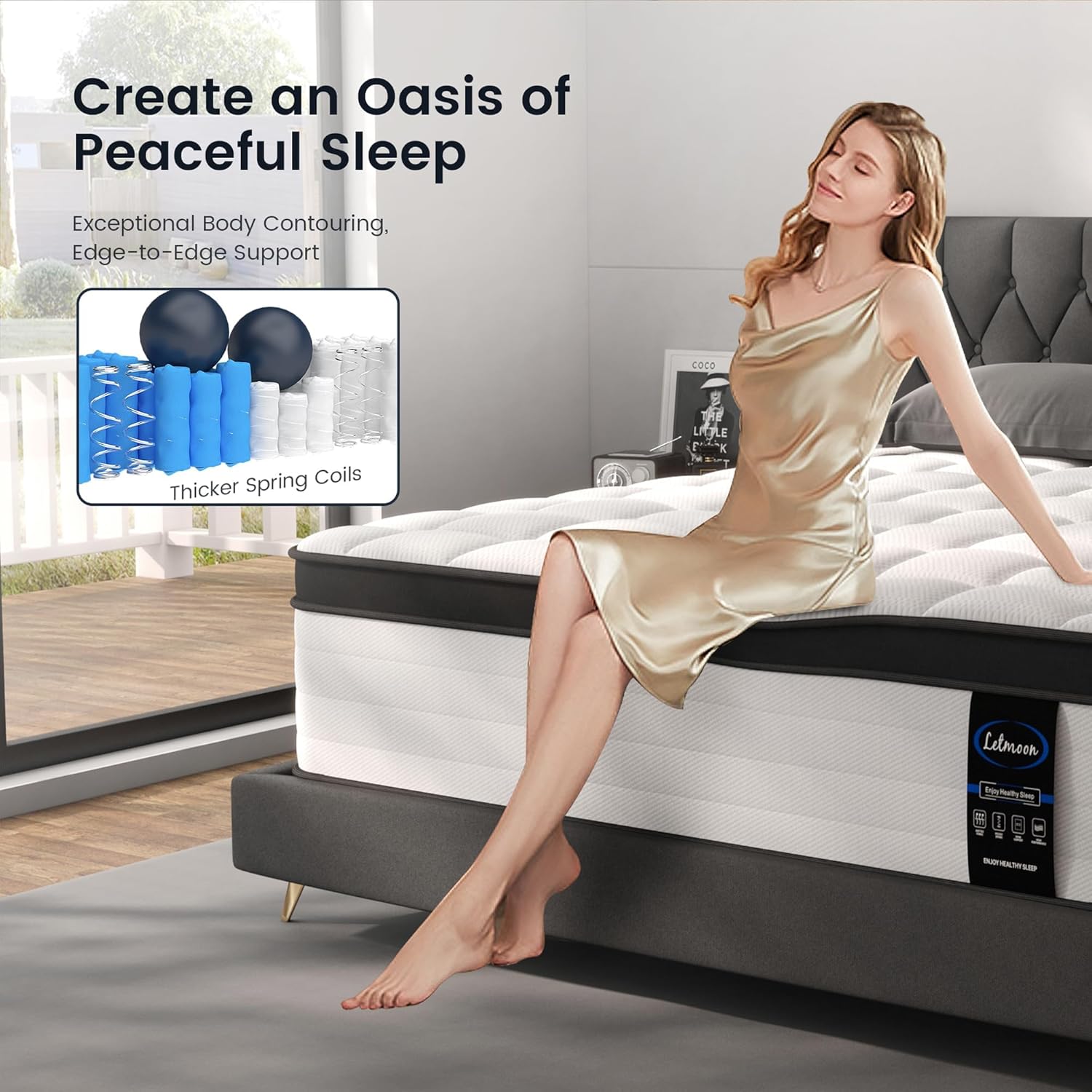 LETMOON Queen Size Mattresses, 14 Inch Hybrid Queen Mattress in a Box, Medium Firm Memory Foam and Pocket Springs, Strong Edge Support, Pressure Relief