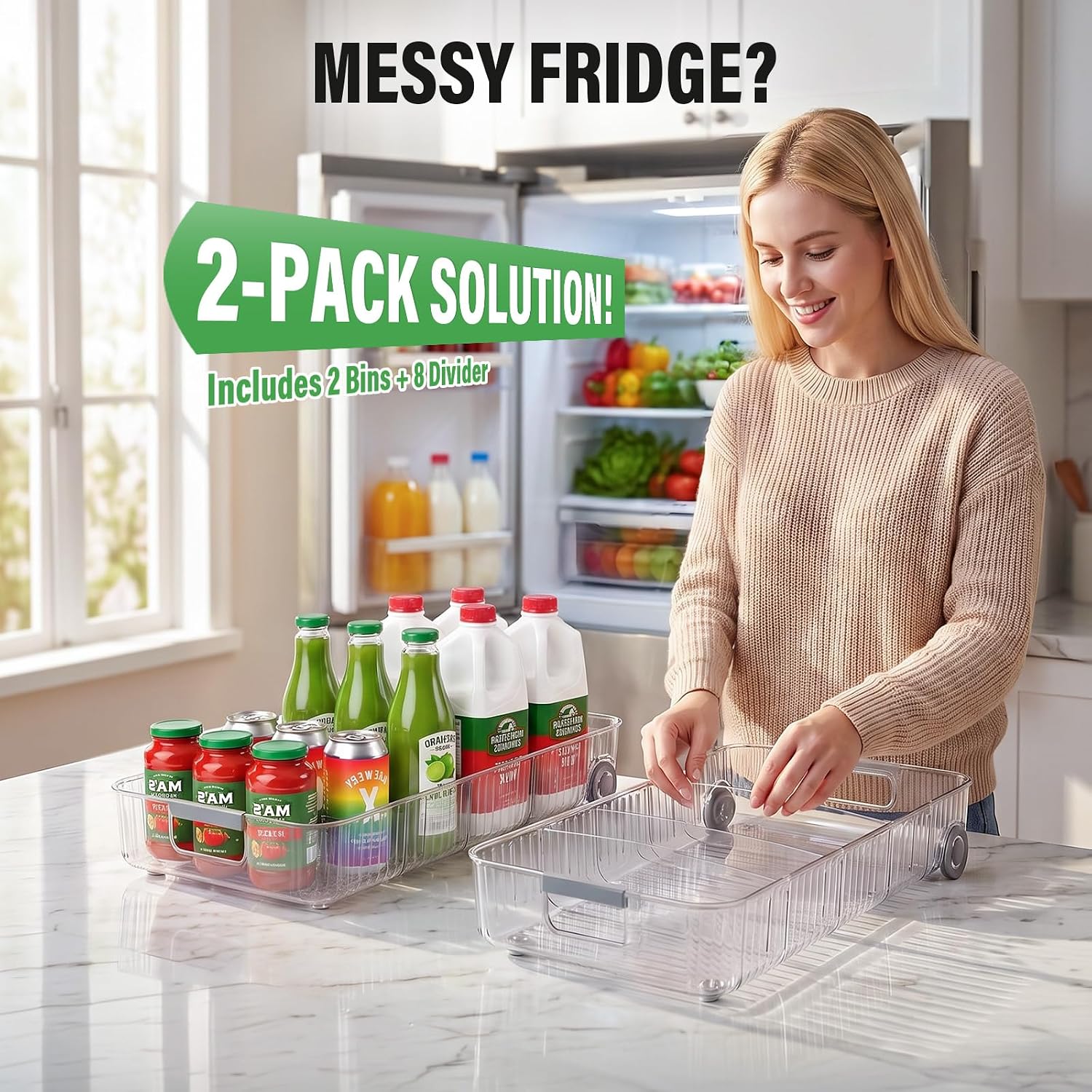 Fridge Organizer Bins with Wheels, Pull Out Fridge Organizer, Adjustable Dividers and Easy Pull Handles, Clear Plastic, 2-Pack, Suitable for Kitchen, Pantry and Cabinet Deep Shelves