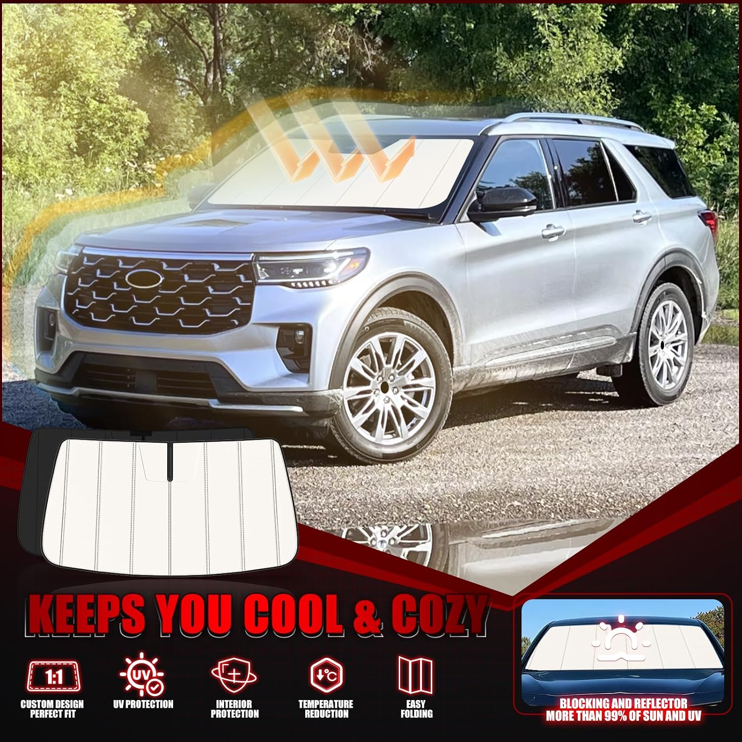 windshield sun shade for ford explorer 2020-2025 2026, front window visor accessories, folding design blocks heat & uv rays maintain cool interior and save space ford explorer 2020-2026
