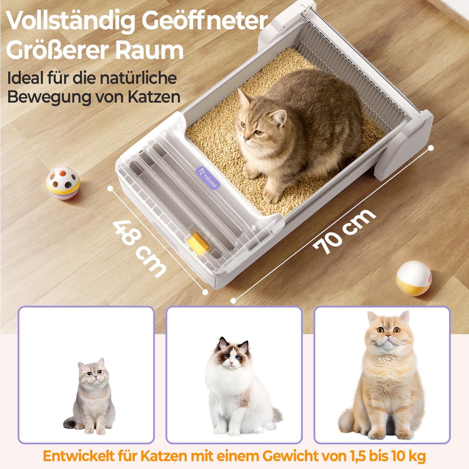 Selbstreinigende Katzentoilette Katzenklo Selbstreinigend Offen, Extra Große Platz Automatisches Elektrisches Katzenklo mit Geruchskontrolle, APP-Steuerung, Anti-Klemm-Design, mit 1 Beutel Streu
