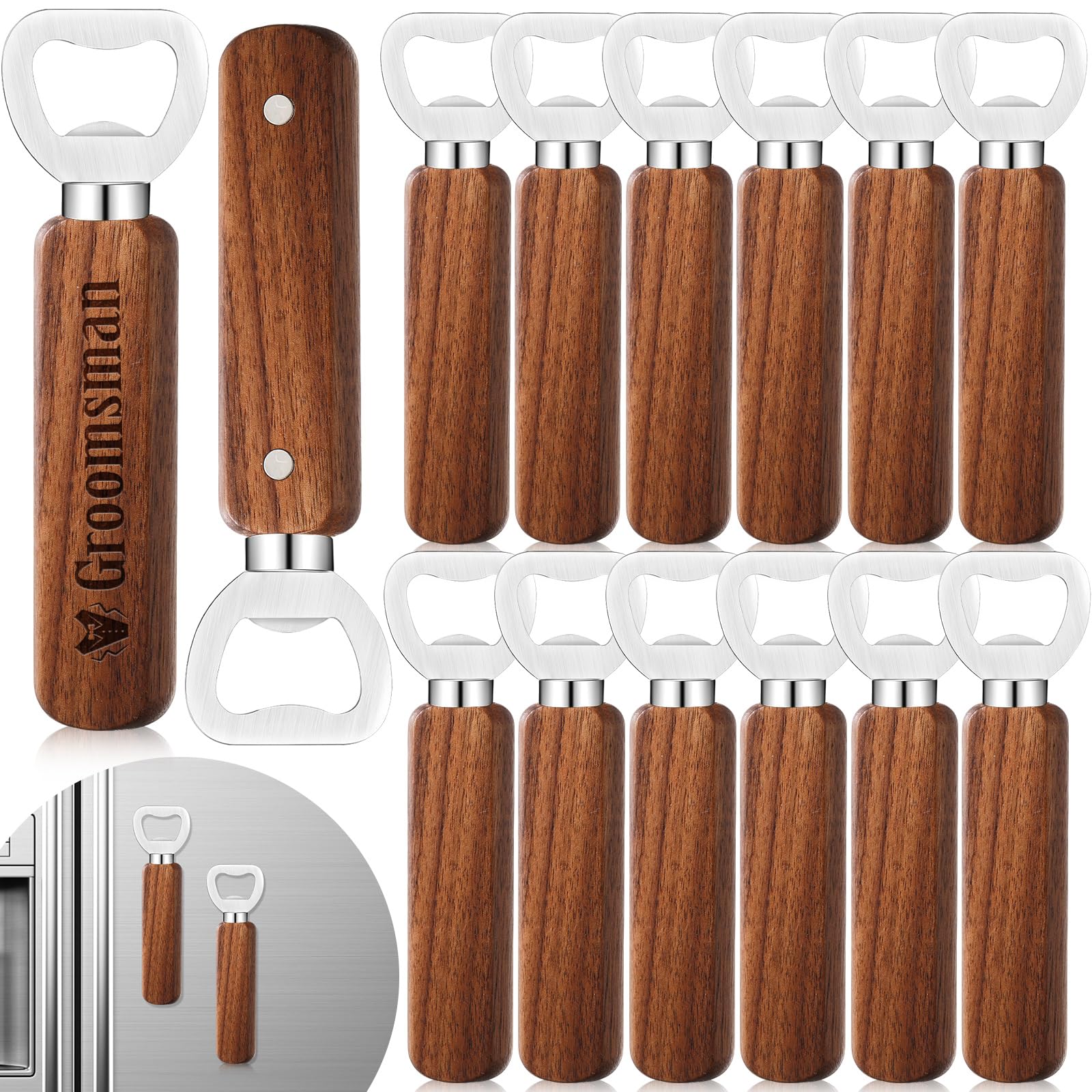 Décapsuleur magnétique en bois de noyer (lot de 12) et acier inoxydable gravé pour mariages