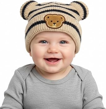 Funky Junque Infant Teddy Bear Beanie Adorable Cozy Winter Knit Hat for Babies, Warm Soft Baby Beanie Cap