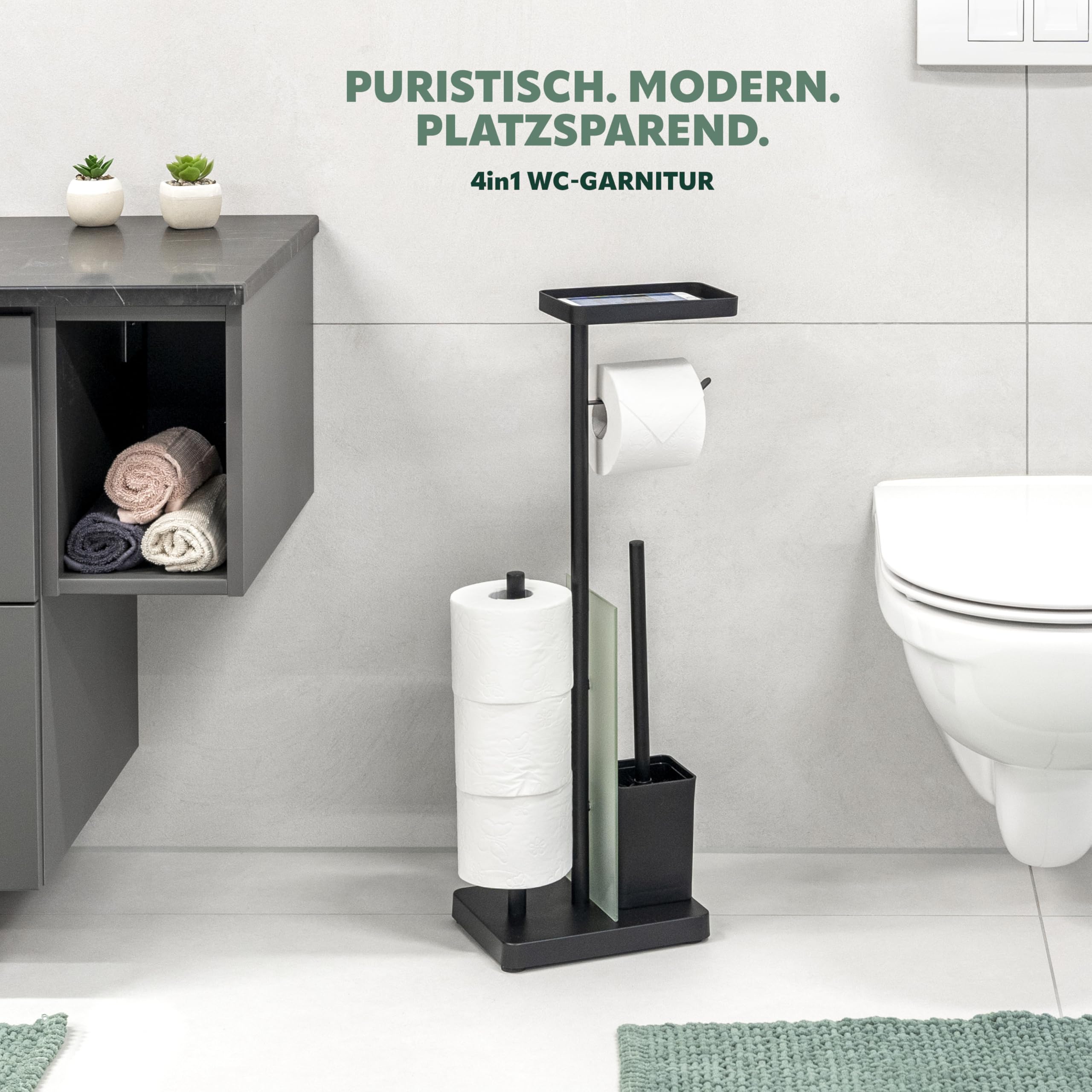 eluno Set WC 4 in 1, set WC autoportante con scopino per WC, 2 testine di ricambio, portarotolo per 3 ruote, ripiano, vetro satinato e metallo (nero), 91159-V