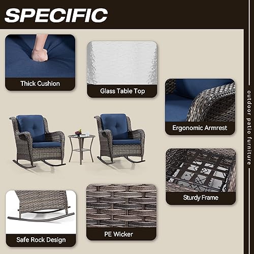 Miniatura 4 de Mecedora de mimbre para patio al aire libre, muebles de mimbre para todo tipo de clima con marco de acero de aleación y cojín de tela de olefina,