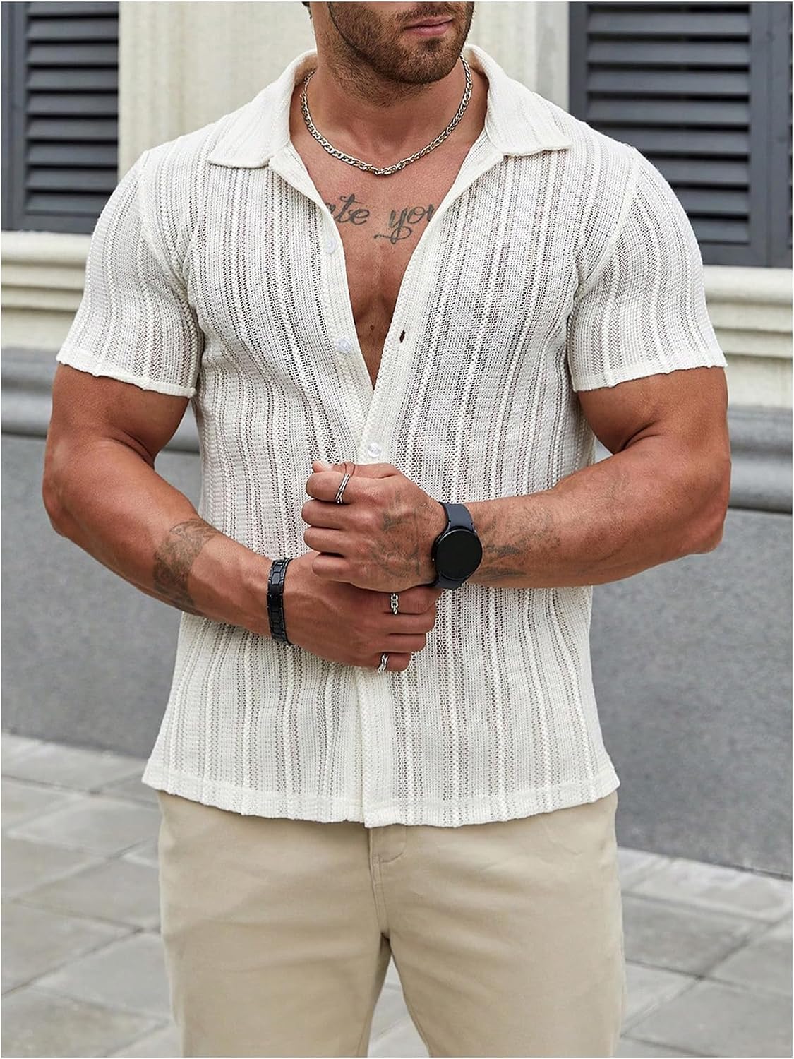 VIPWOLF Men's Sheer Button Down Shirts Hollow Out Short Sleeve Collared Beach Vacation Cruise Summer Tops