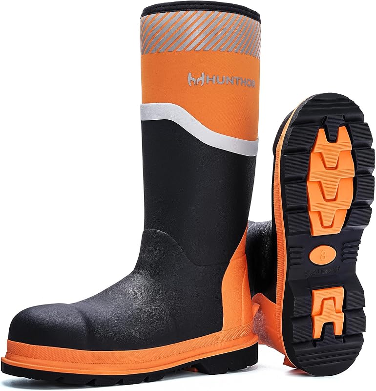 Steel Toe Work Boots for Men, Puncture-proof & Waterproof Rubber | Reflective Strips, Insulated 6mm Neoprene & Anti-slip Outsole for Farm & Construction Muddy Work