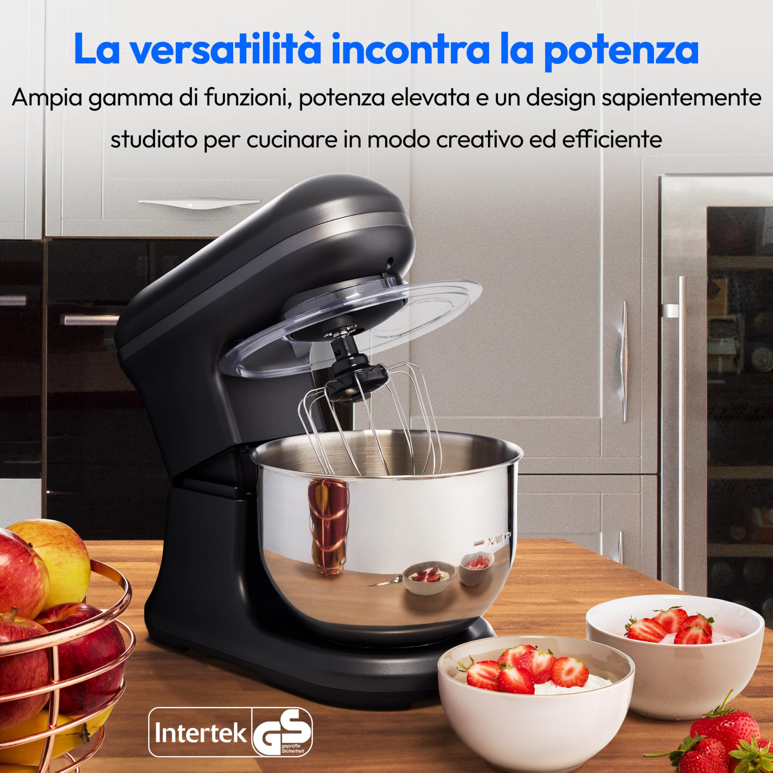 MEDION Robot da cucina (1.200 watt, 8 impostazioni, miscelare impastare mescolare, display digitale, ciotola in acciaio inox da 5 litri, ciotola per la preparazione del gelato, MD18420) nero