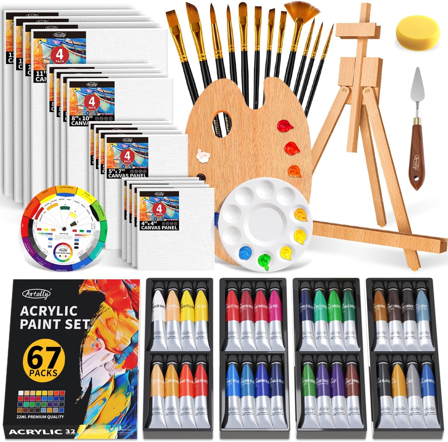 ARTALLY 67-Pc Acrylic Paint Set for Kids & Adults: 32 Colors (22ml), Wooden Easel, 17 Canvases, Brushes - Artist Kit for Beginners