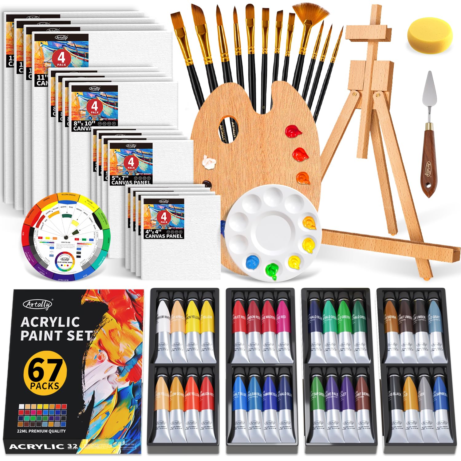 ARTALLY Acrylic Paint Set for Adults & Kids, 67 Pcs Canvas Painting Kits, 32 Colors Acrylic Paint (22ML),Table Easel,Brushes,Canvas, Art Painting