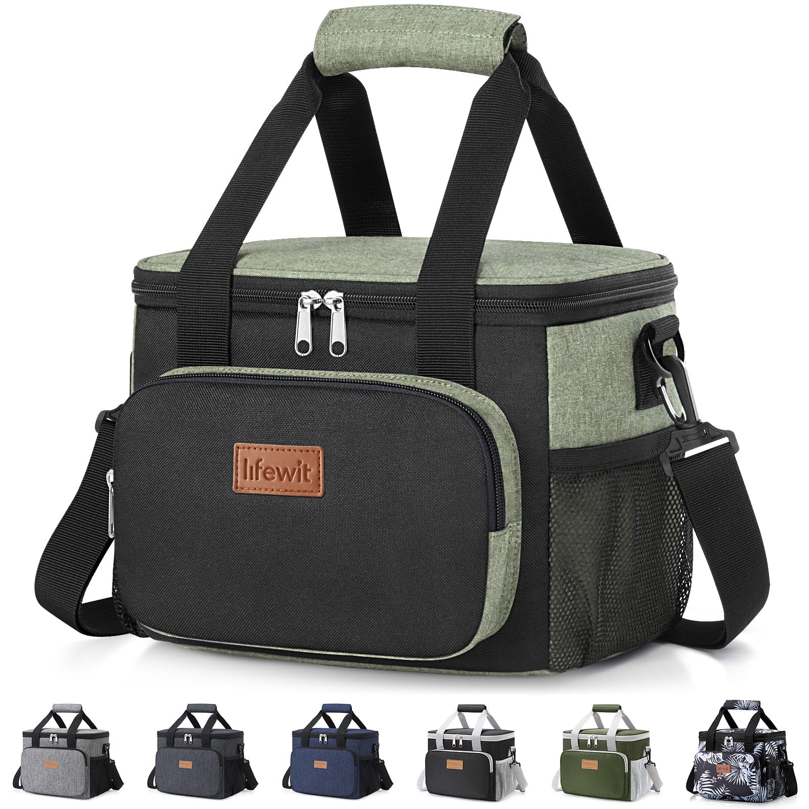 Lifewit Medium Lunch Bag, Insulated Lunch Box, Soft Cooler Cooling Tote for Adult Men Women, Black and Green 12-Can (9L)