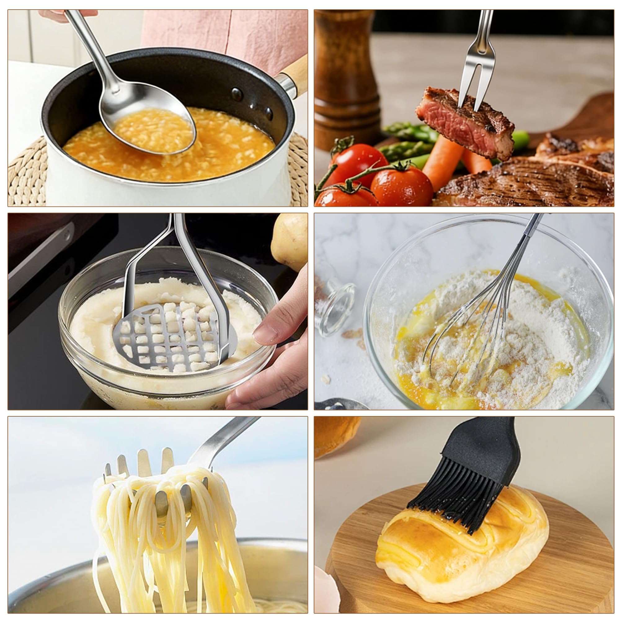 Lot de 18 Ustensile de Cuisine en Acier Inoxydable, Avec Spatule, Louche, Pelle, Spatule Fendue, Passoire, Fourchette à Viande, Cuillère à huile, Batte à œufs, Presse-Purée, Roulette à Pizza, Brosse