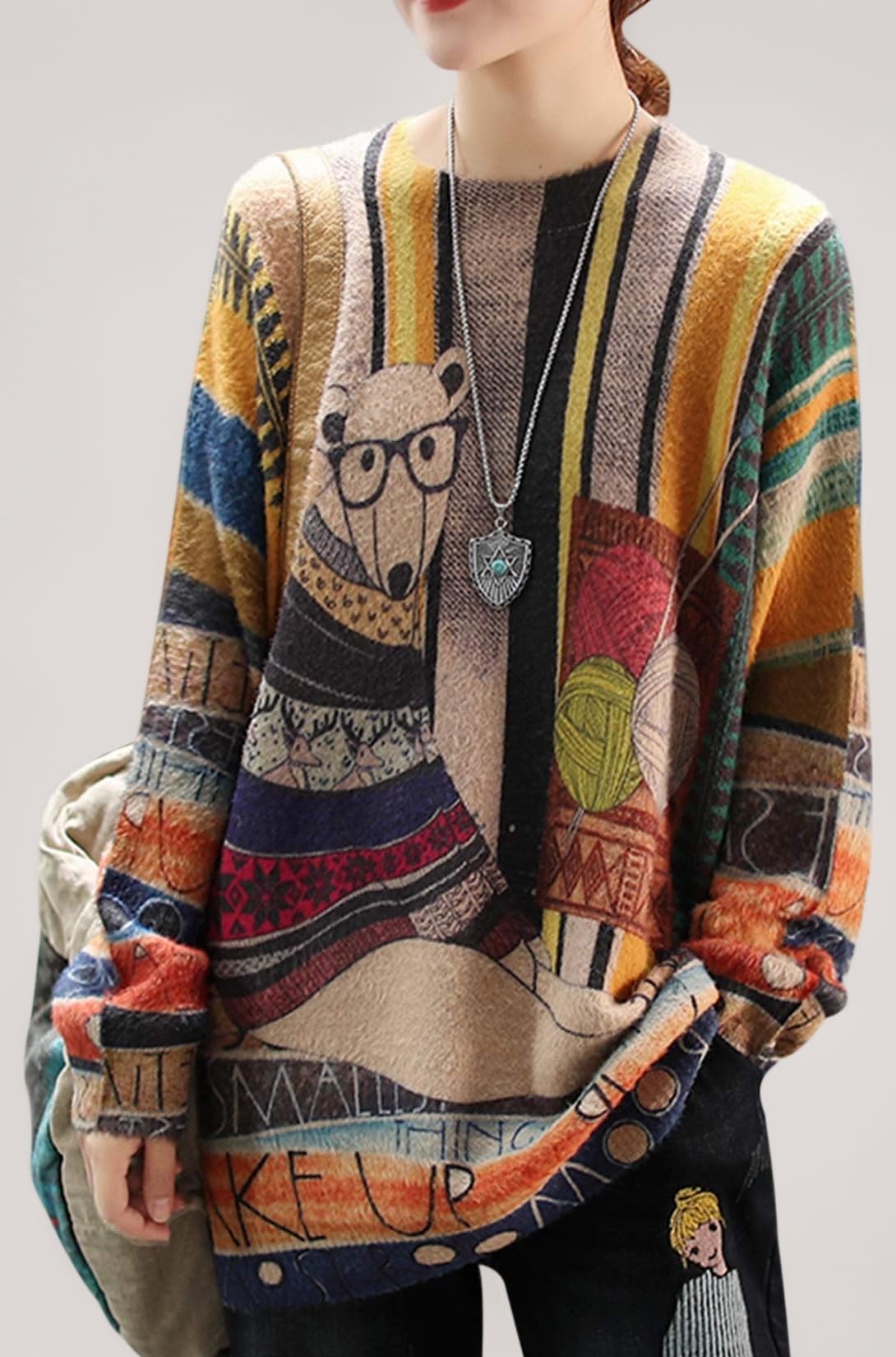 Women Causal Graphic Crew Neck Loose Long Sleeve Knitted Pullover Printed Sweater (M, S01 As Picture31)