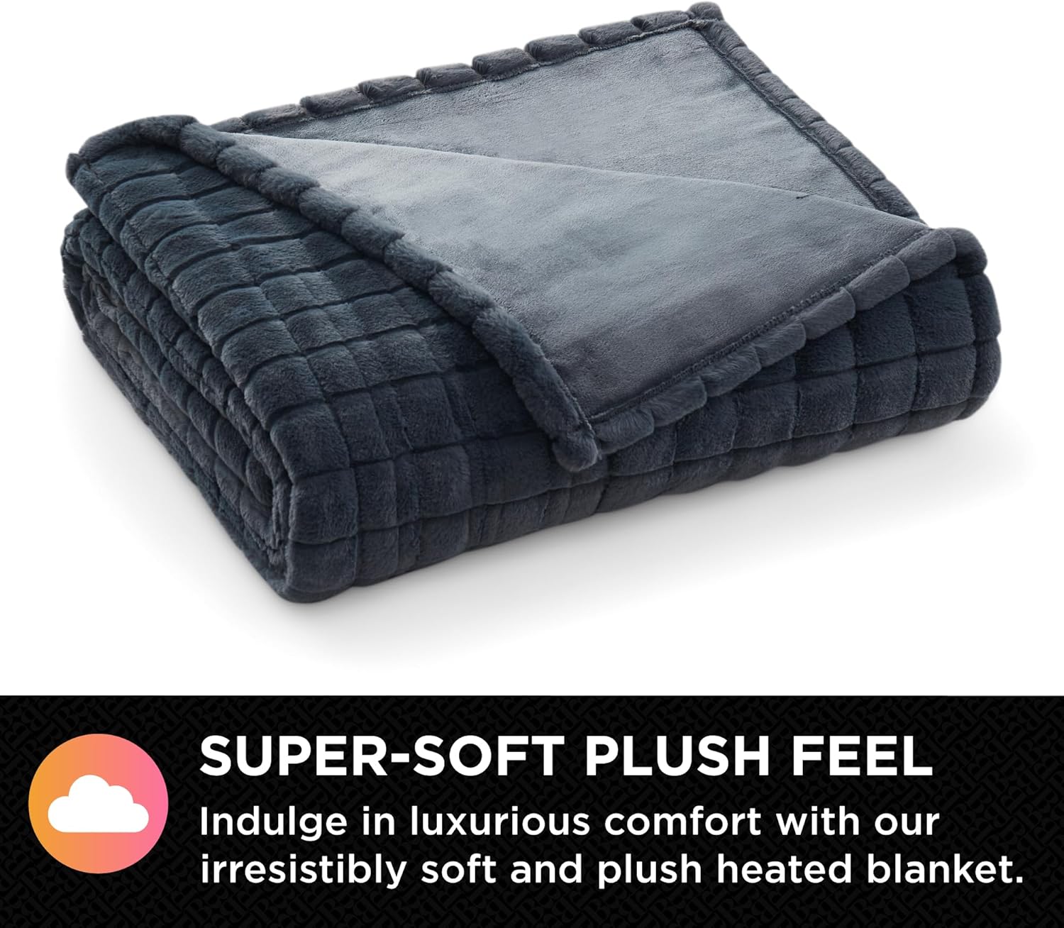 A folded gray grid-patterned heated blanket with text 'SUPER-SOFT PLUSH FEEL'.