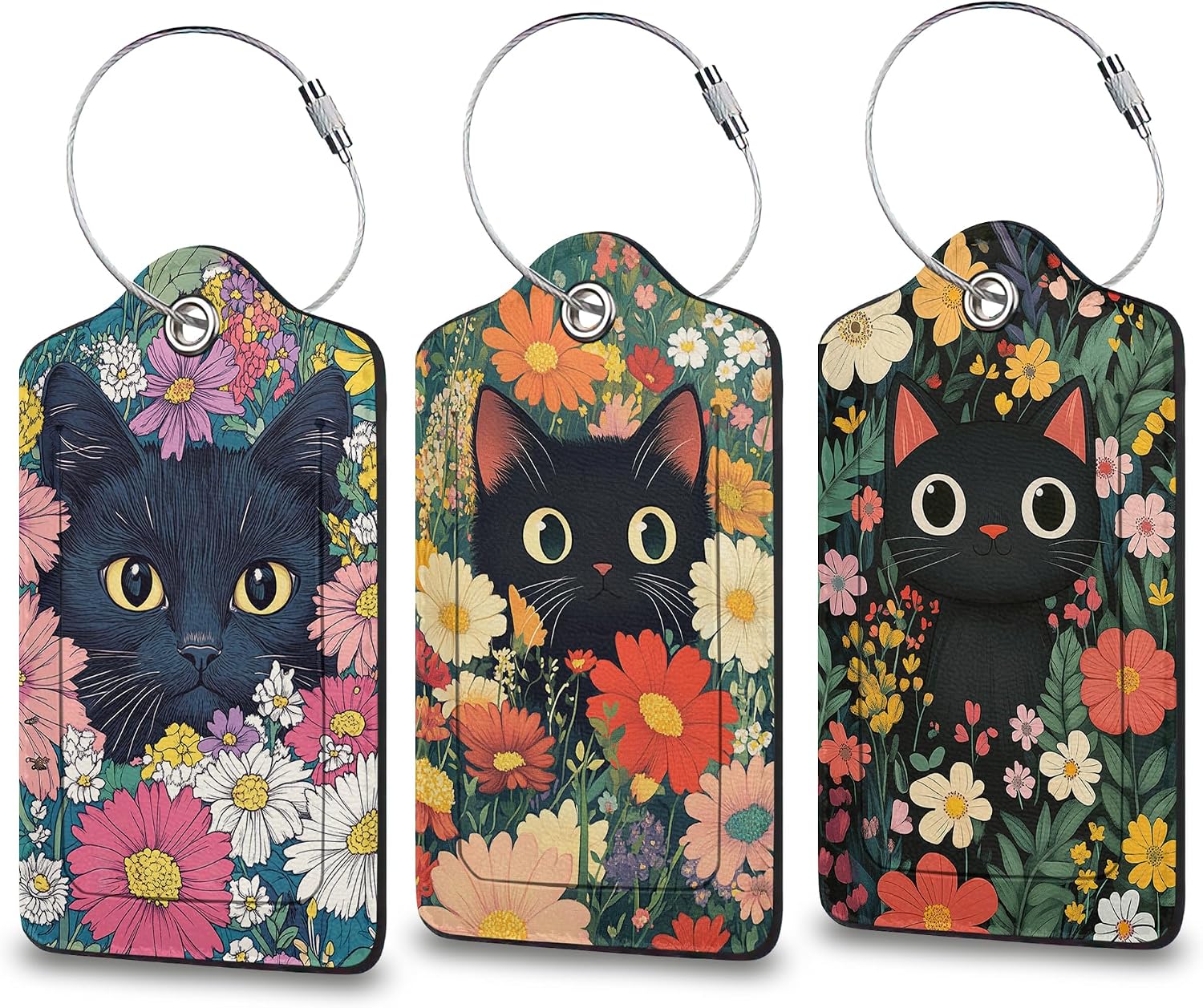 3 Pcs Luggage Tags for Suitcases, Cute Cats Flower Bushes Leather Suitcase Tag with Privacy Flap Name ID Label Metal Loop for Baggage Tag for Cruise Airport Travel Essentials