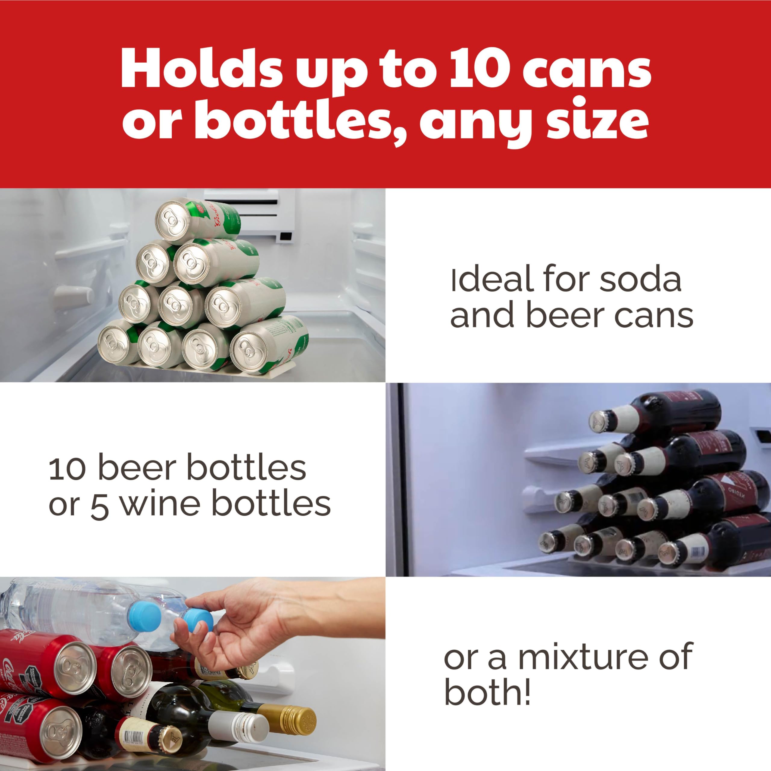 Tapete de mono para nevera, organizador de latas de vino y refrescos para refrigerador, soporte organizador de bebidas que hace que las latas y botellas sean apilables para un fácil almacenamiento, 6