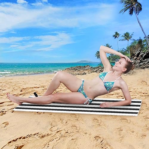Miniatura 6 de Toalla de playa de rayas blancas y negras de 31 x 71 pulgadas, toalla de viaje ligera extra grande de secado rápido para nadadores, piscina,