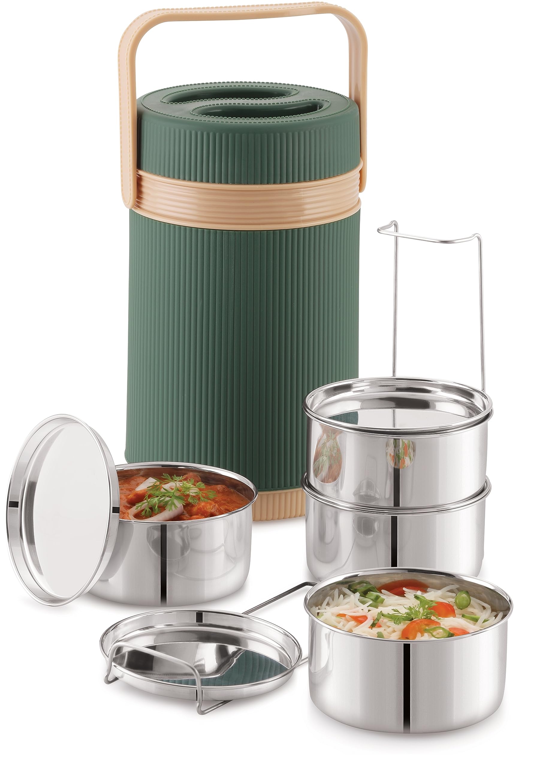 TeDeMel Designer Insulated Stainless Steel Tiffin 4 Tier Compartment Lunch Box with Handle Stackable Stainless Steel Lunch Box | BPA Free | Leakproof/Dabba for Office HOT Star 4 Green (B0CGNBDZBF) Amazon Price History, Amazon Price Tracker