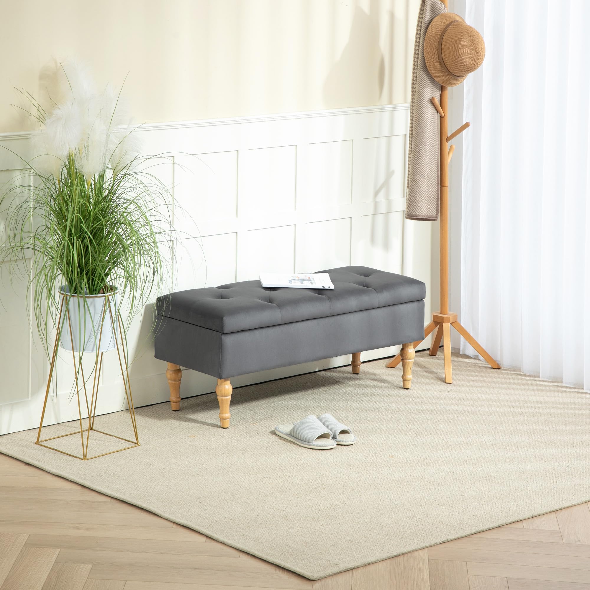 HOMCOM 2-en-1 Banco de Almacenaje de Terciopelo 38L 102x38x41cm Gris | Banquette terciopelo, Banco almacenaje, Estilo medieval, Tapa acolchada con bisagras, Patas madera, Mueble entrada