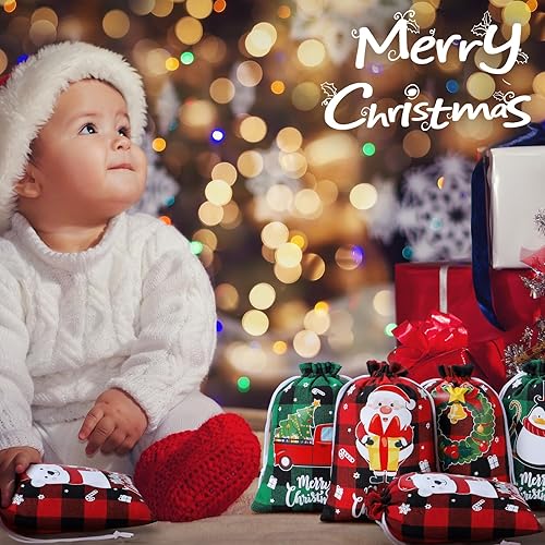 Miniatura 9 de 72 bolsas de arpillera con cordón de Navidad, bolsas de regalo de Navidad a cuadros de búfalo de 5 x 7 pulgadas con etiqueta, bolsas pequeñas de