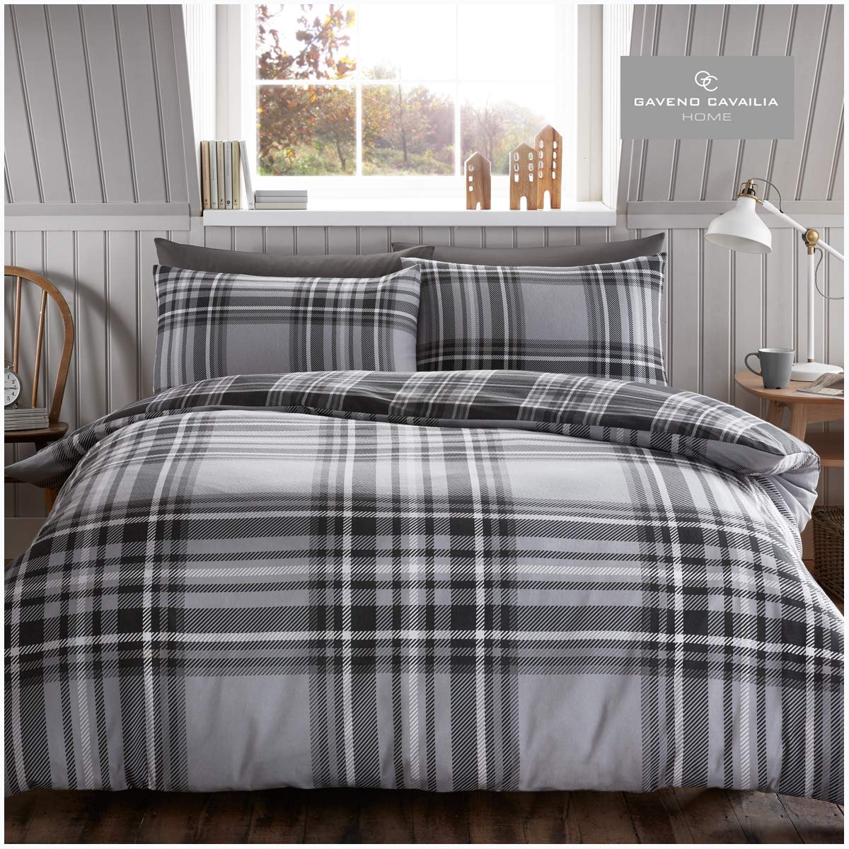 Gc Gaveno Cavailia Grey Gaveno Cavailia Tartan Check Flannel Duvet Set Single, Cosy Warm Printed Reversible Bedding, 2 Piece Checkered Bedset, Easy Care Duvetcover Bedlinen, 1 Quilt Cover And 1 Pillow Case, 11358114