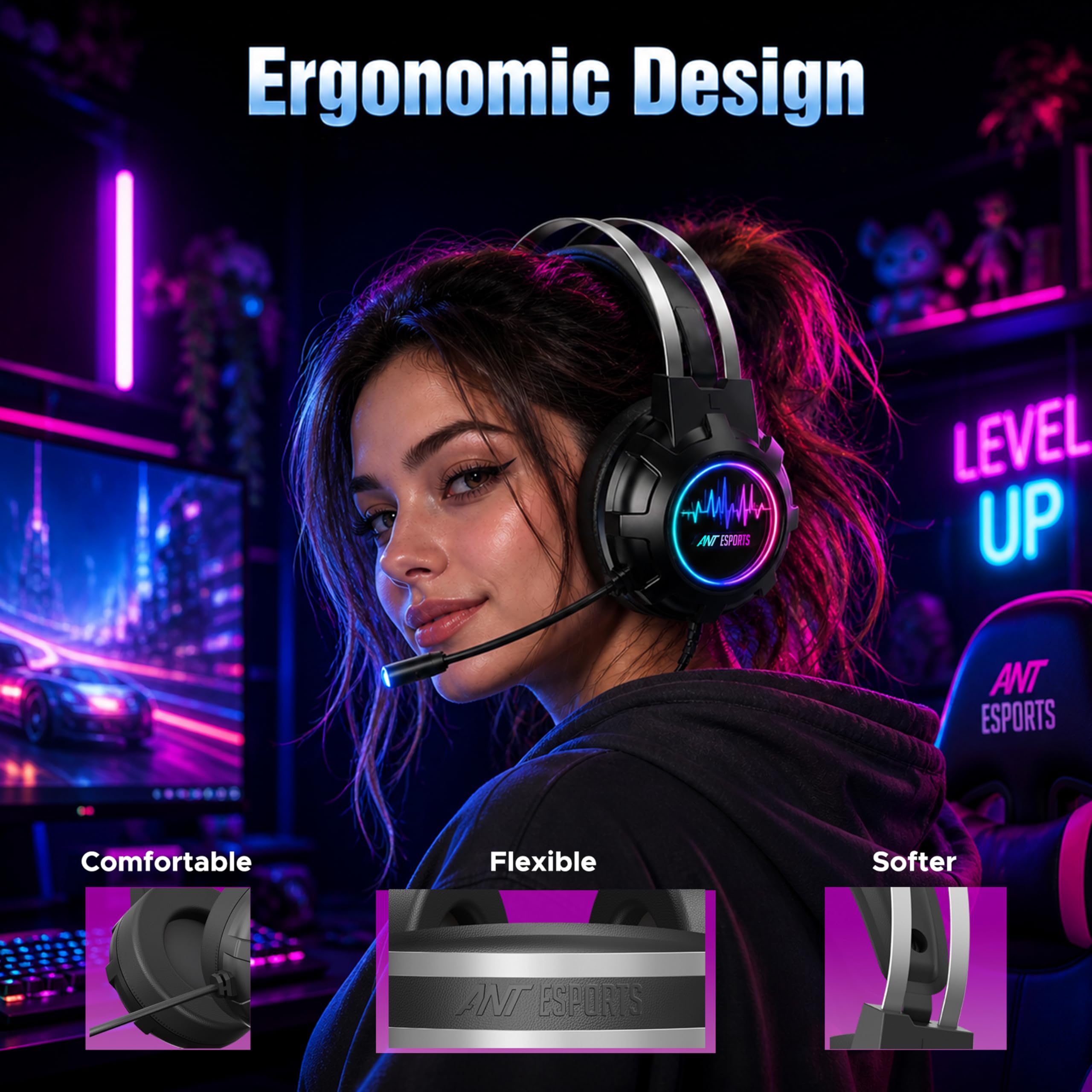 Ant Esports H950 Pro Wired Gaming Headset for PC, Xbox, PS4 & PS5, 7.1 USB Surround Sound Wired Headphones, 50mm Drivers, Mirror RGB LED, Omnidirectional Mic & Noise Isolating Ear Cups – Black — Amazon image 3