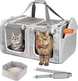 Cat Carrier for 2 Cats, 23.6''x 16.7''x 13'' Large Cat Travel Carrier with Litter Box, Pet Carrier with Great Ventilation, Double Pet Carrier with Zipper Locks for Cats/Dogs up to 40lbs