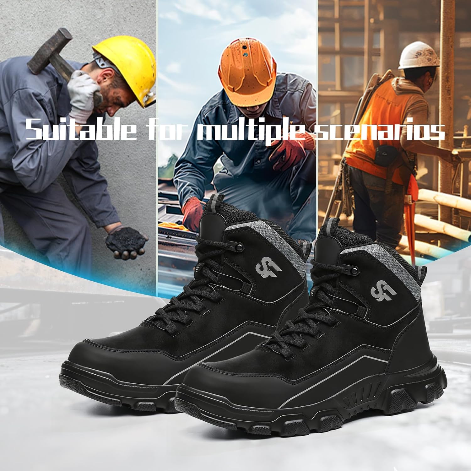 Work Boots for Men,Indestructible Steel Toe Shoes,Breathable High Top Steel Toe Boots for Men,Non Slip Lightweight Safety Work Shoes. - Image 5