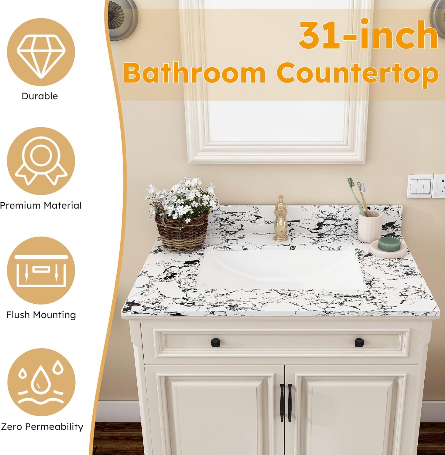Runboll 31" x 22" Bathroom Vanity Top Artificial Marble Vanity Sink Top Single Holes with Rectangle Under-Mount Middle Ceramic Sink and 1 Backsplash