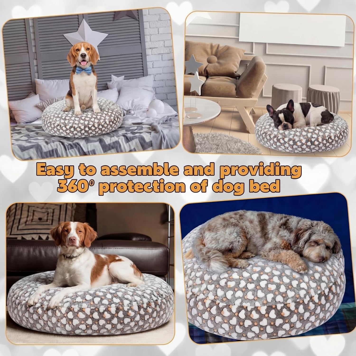 Youyole Large Washable Round Dog Bed Cover Replacement Waterproof 45 x 45 x 11 in Round Donut Bed Cover for Dog Gray Pet Beds Protector Sheet with Lovely Heart Print for Donut Beds & Pet Couch