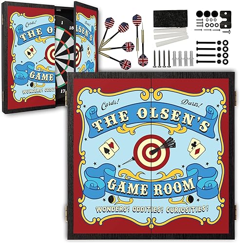 Miniatura 37 de Juego de gabinete de tablero de dardos personalizado con 6 dardos de punta de acero, tablero de dardos de papel, tiza y borrador