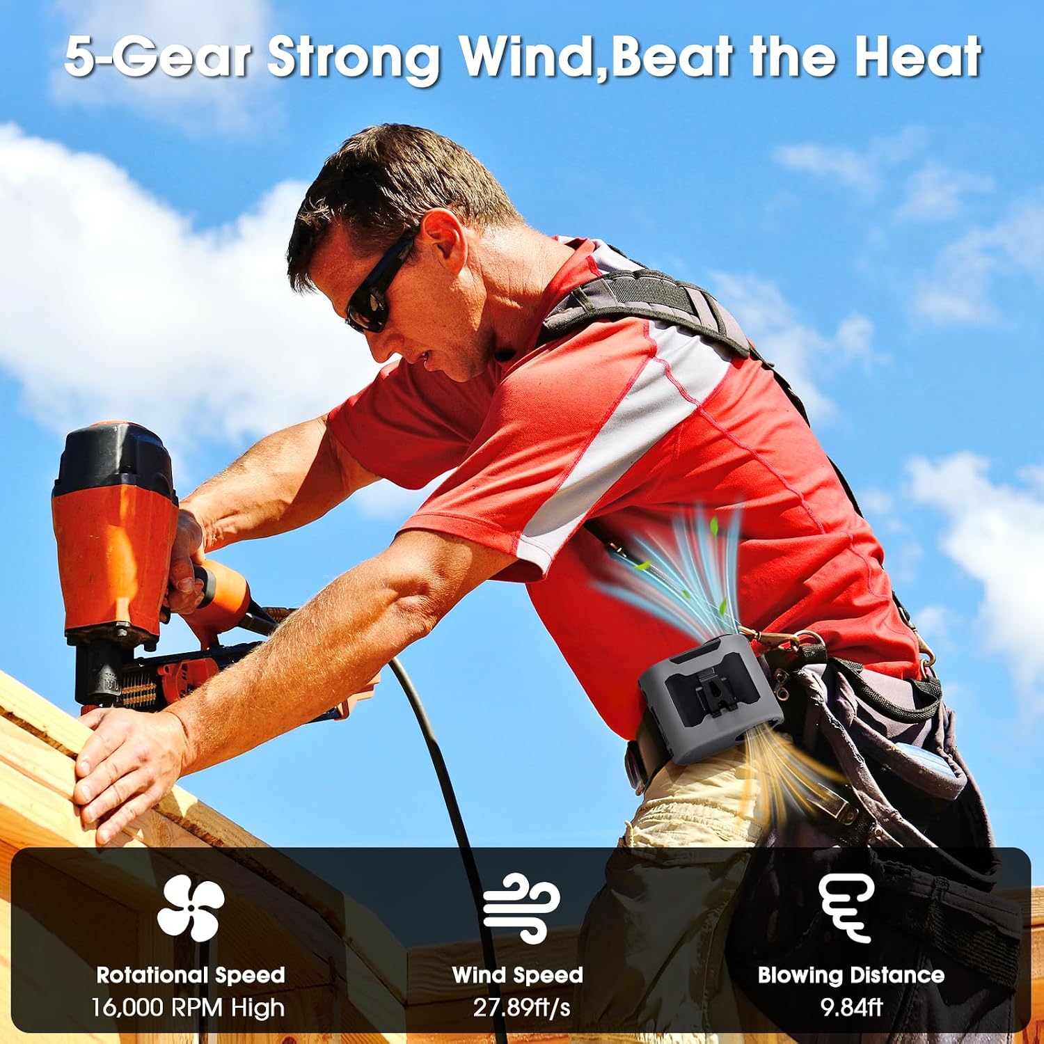 40H Portable Waist Fan, Rechargeable Wearable Shirt Clip Fan with Light, 16000 RPM Cooling Neck Body, Powerful 5 Speeds Belt Personal Cooling Fans for Outdoor Jobsite Camping Travel