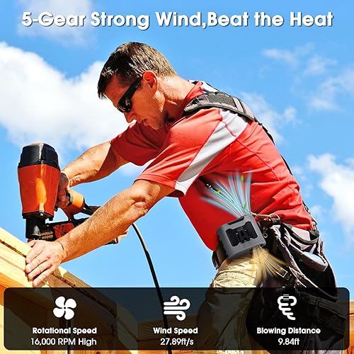 Miniatura 5 de Ventilador de cintura portátil de 40H, ventilador recargable de 14800 mAh con luz, cuerpo de cuello de enfriamiento de 16000 rpm, potente correa