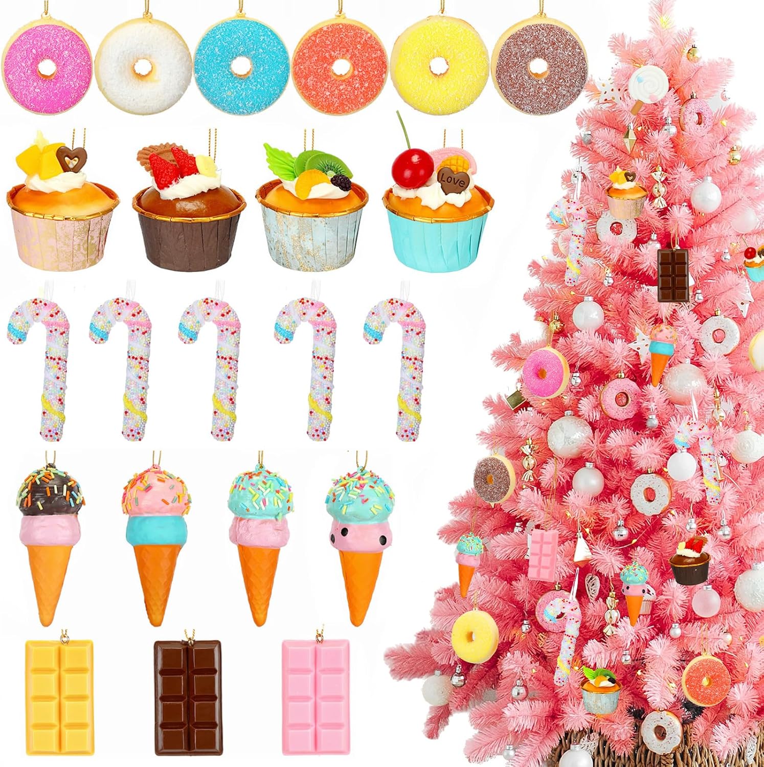 Unittype 22 Pcs Candy Christmas Tree Ornaments Set Ice Cream Donuts Candy Cane Hanging Decoration Cupcake Dessert Chocolate Christmas Tree Ornaments Home Xmas Holiday Hanging Pendants Accessories