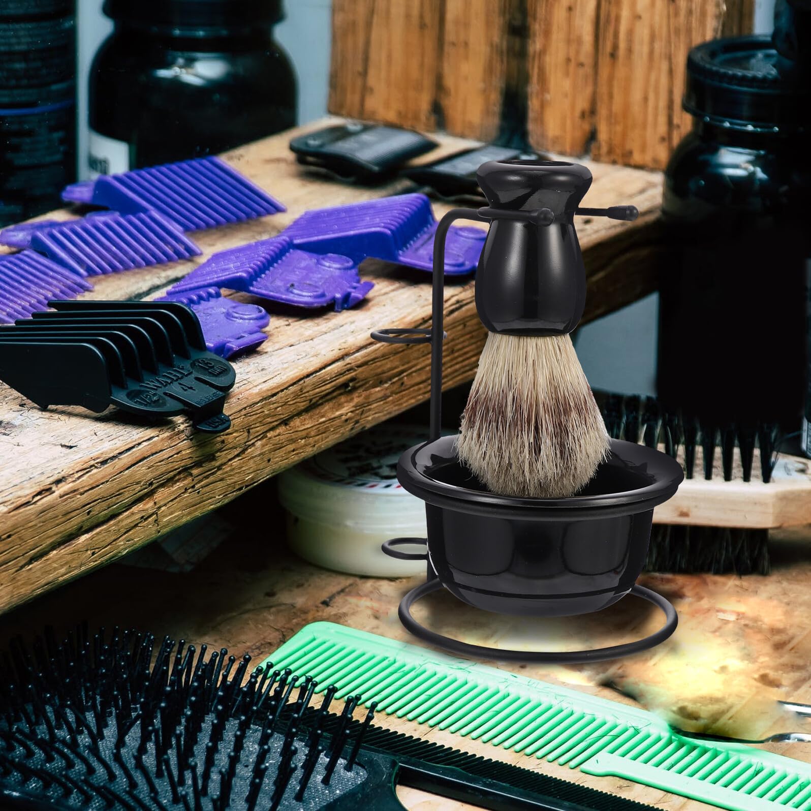 Kit Cuidado de Barba para Hombre Brocha de Afeitar Negra y Cuenco Profesional, Acero Inoxidable y Abs, Diseño Retro, y Fácil de Transportar