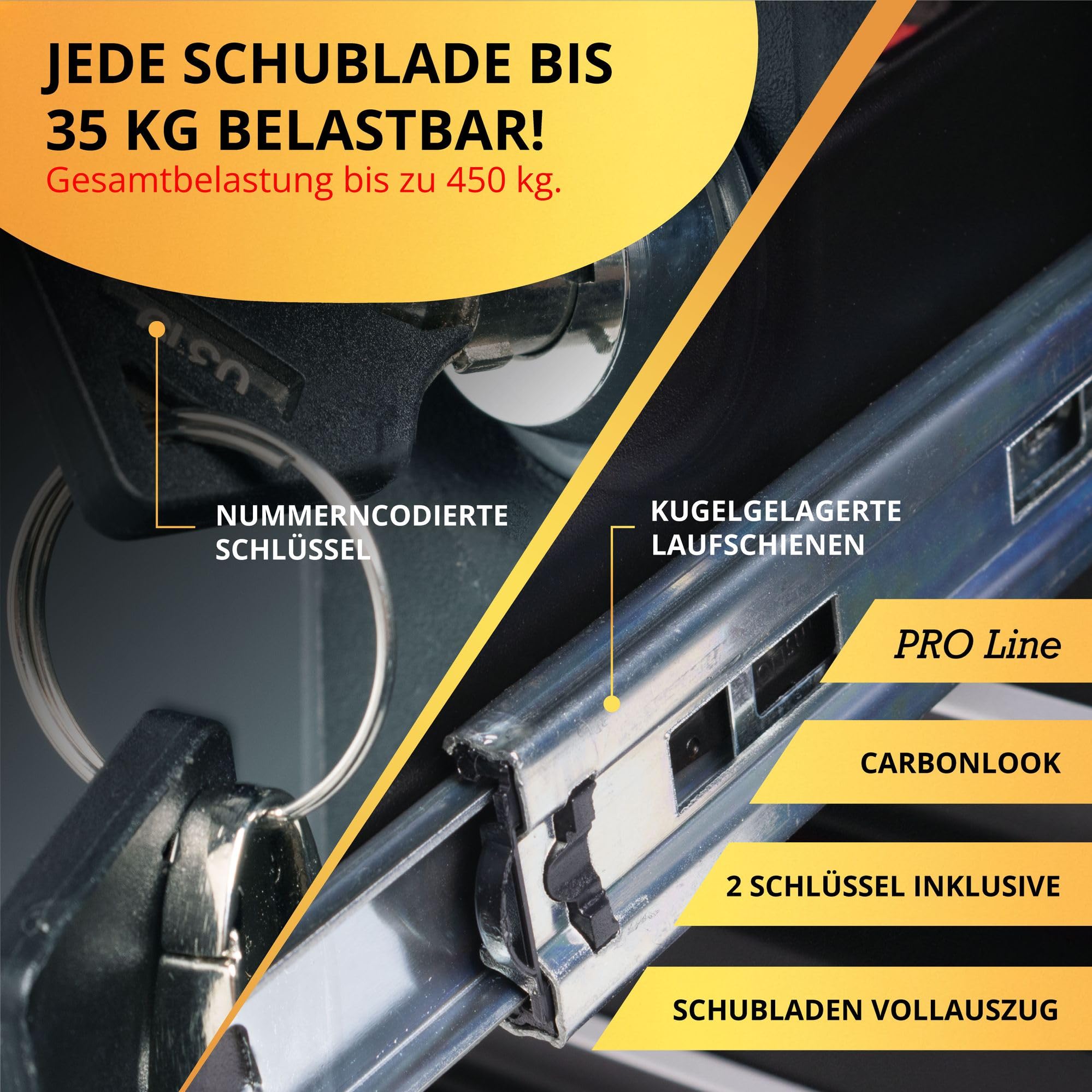 Mephisto Pro-Line Werkzeugwagen Werkstattwagen Double Full Black gefüllt mit 13 Schubfächern inkl. Werkzeug wie VDE Zangen, Steckschlüssel, Ratschen in Soft Inlays in Carbon Lock