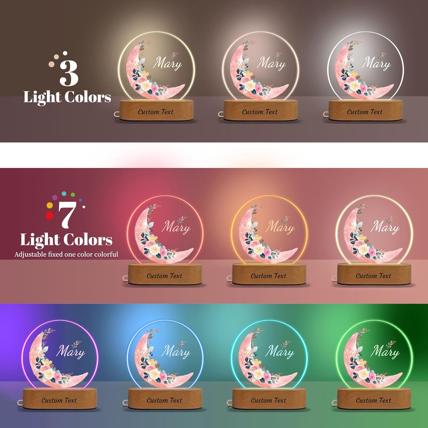 7 Geeft Personalized Baby Gifts for Kids, Custom Name LED Night Light, Flower Moon Acrylic Plaque Lamp for Girl's Room Nursery Decor, Perfect Baby Shower Christmas Newborn Gifts for Toddler Girls