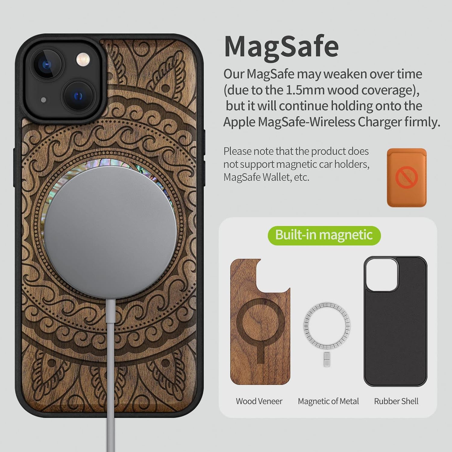 Carveit Designer Wooden Protective Magnetic Case for iPhone 14 Plus Case [Wood Engraving & Shell Inlay] Compatible with 14 Plus MagSafe (Yin Yang Paisley-Walnut)