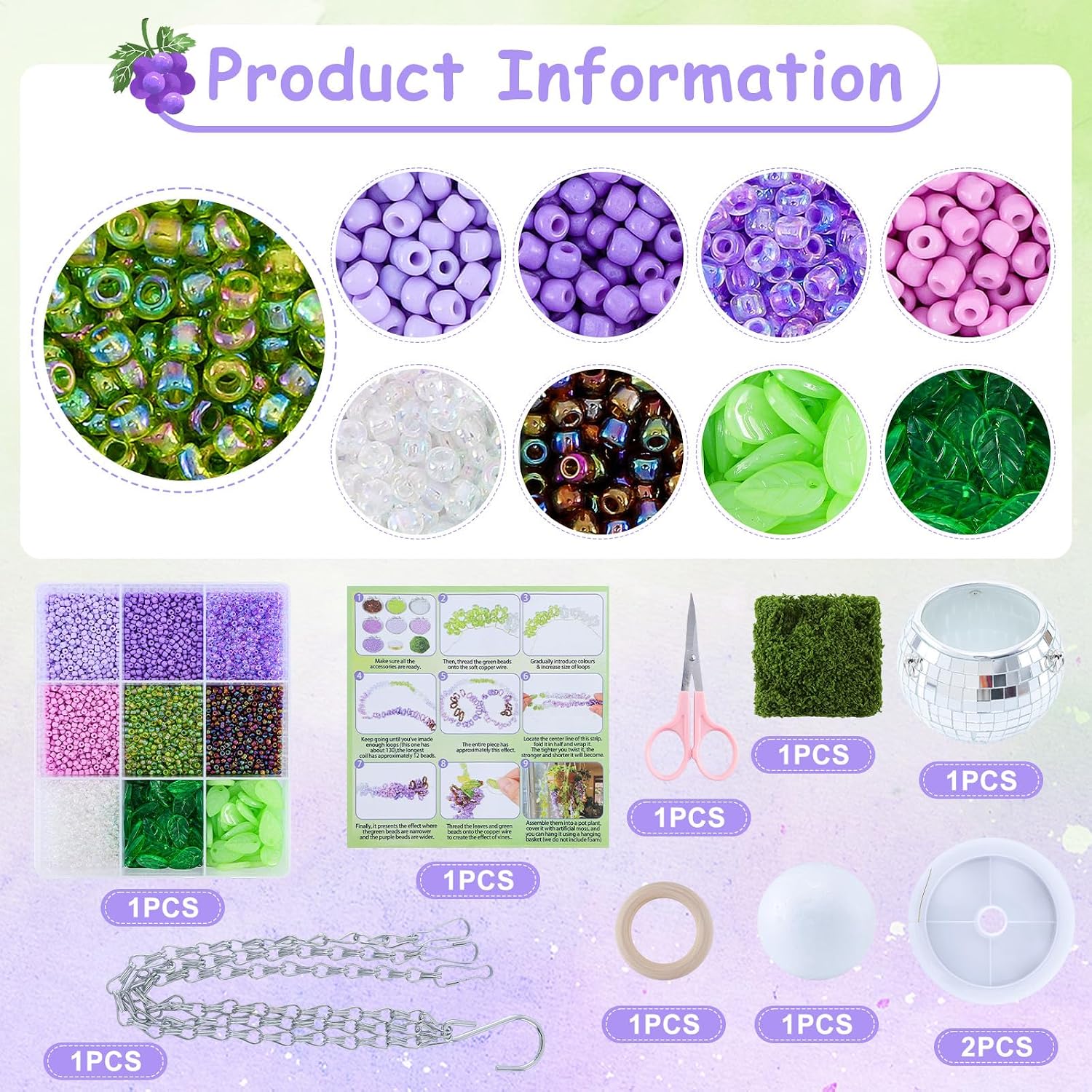 BINBE Purple Glass Beads Plant Kit Forever Plant Beaded Flower Leaf Beads for Wisteria Craft with Plant Pot Jewelry Making and DIY Crafts