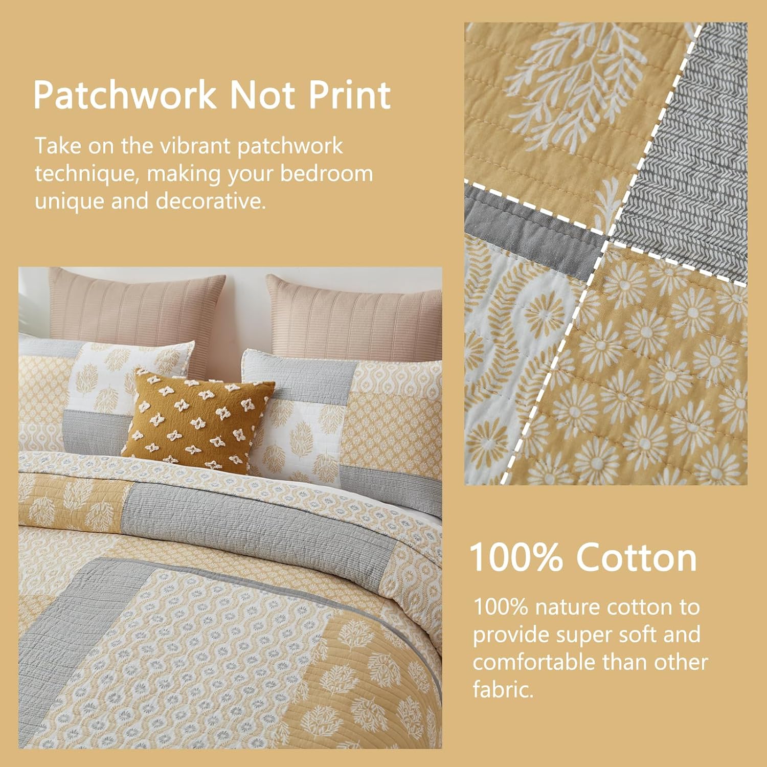 Finlonte King Size Quilt, 100% Cotton Comforter King Size, Yellow Grey Farmhouse Quilted Bedspread, Patchwork Lightweight Reversible Quilt Bedding Set for King Bed, 3-Pieces - Image 3