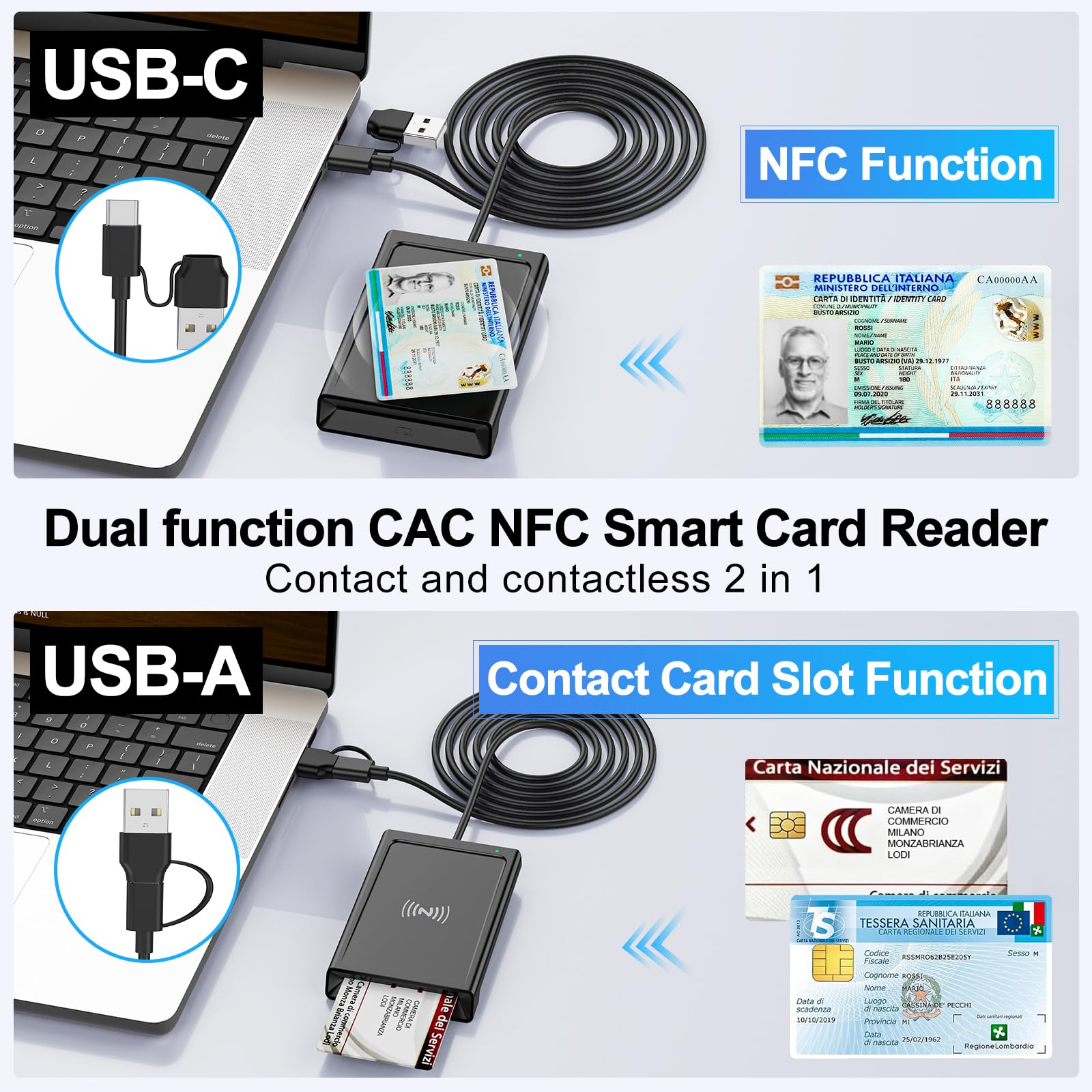 Lettore CIE 3.0 Carta d'Identità e Tessera Sanitaria,USB-A + USB-C Lettore Smart Card Firma Digitale,Lettore Carta Identita Elettronica Contatto e Contactless CIE/CRS/CNS Smart Card NFC per Windows