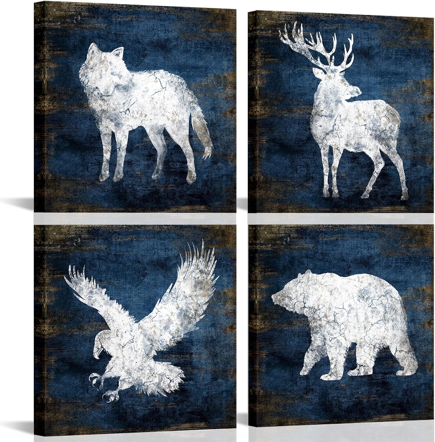 KLVOS Cabin Wall Art Wolf Deer Bear Eagle Animal Silhouettes Canvas Pictures Rustic Navy Blue Wildlife Prints Artwork for Bathroom Nursery Decor Bedroom Home Decorations