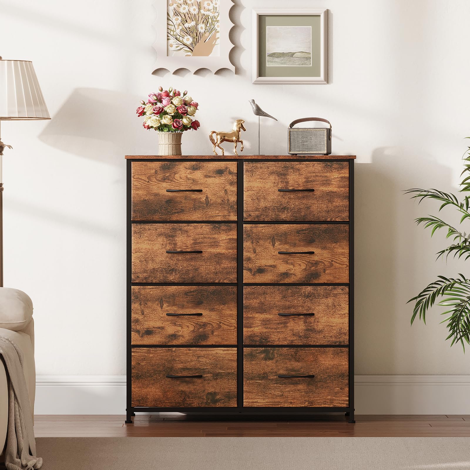 Somdot ladekast met stoffen laden, dressoir met stalen frame, commode