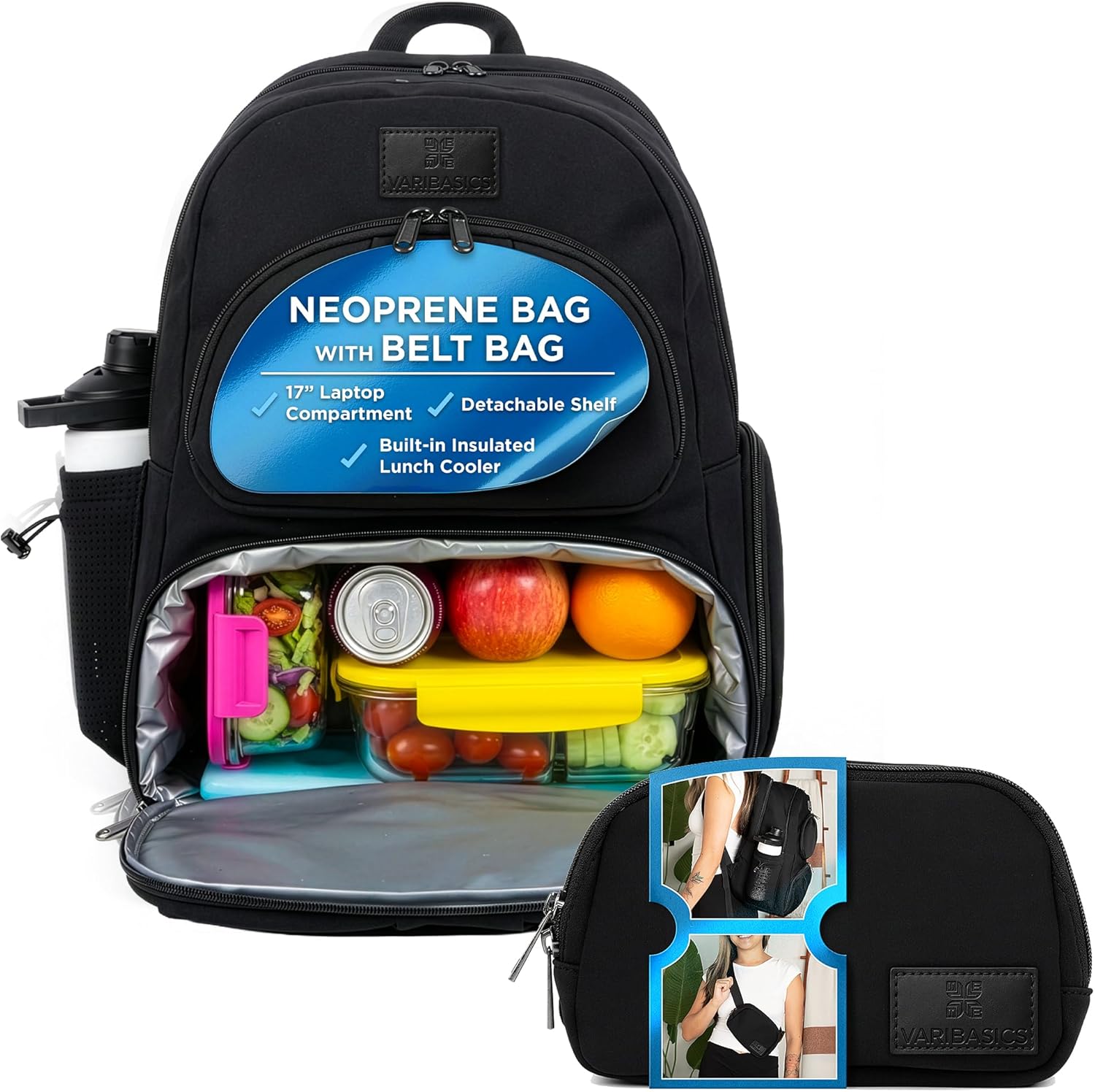 Alira Women’s Lunch 17 Inch Laptop Backpack with Waterproof Cooler Compartment & Belt Bag, Insulated Neoprene Laptop Backpack, Work School Travel Bag with Lunch Box Pocket (Black)