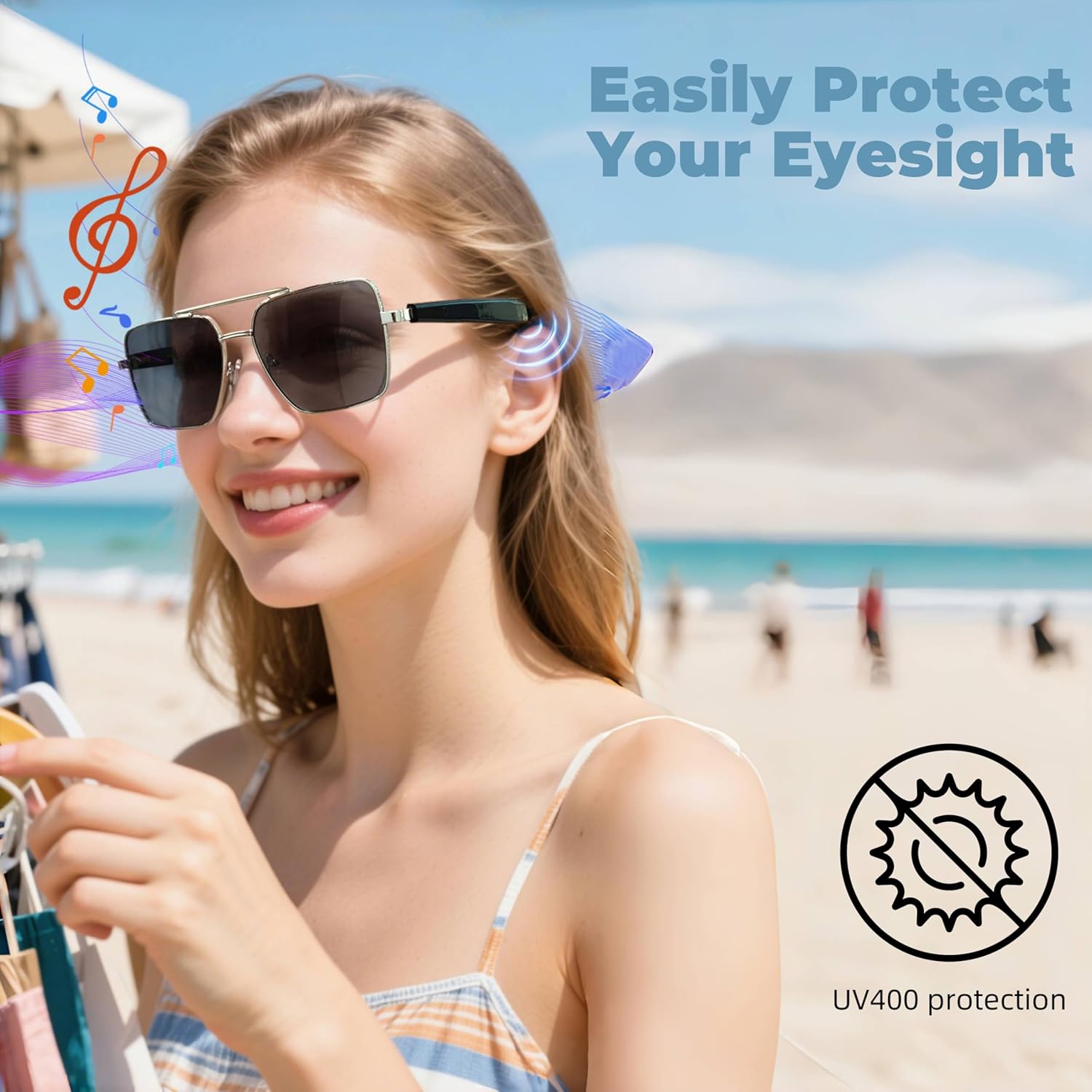 Woman wearing otinsile Pilot Smart Glasses GT30, highlighting UV400 protection