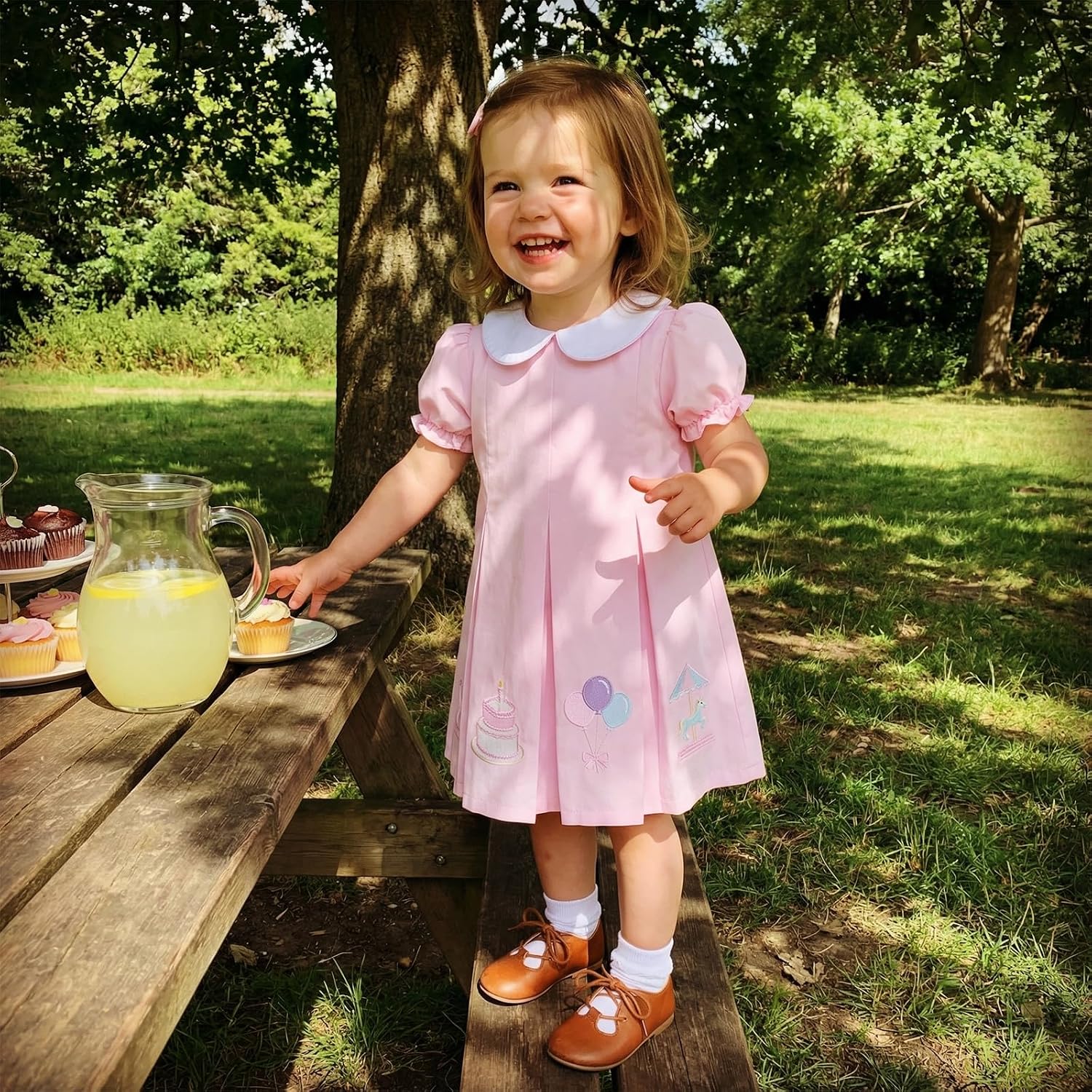 Honganda Toddler Baby Girl Birthday Outfit Puff Sleeve Doll Collar Cake Smash Smocked Dress Summer Princess Birthday Dresses