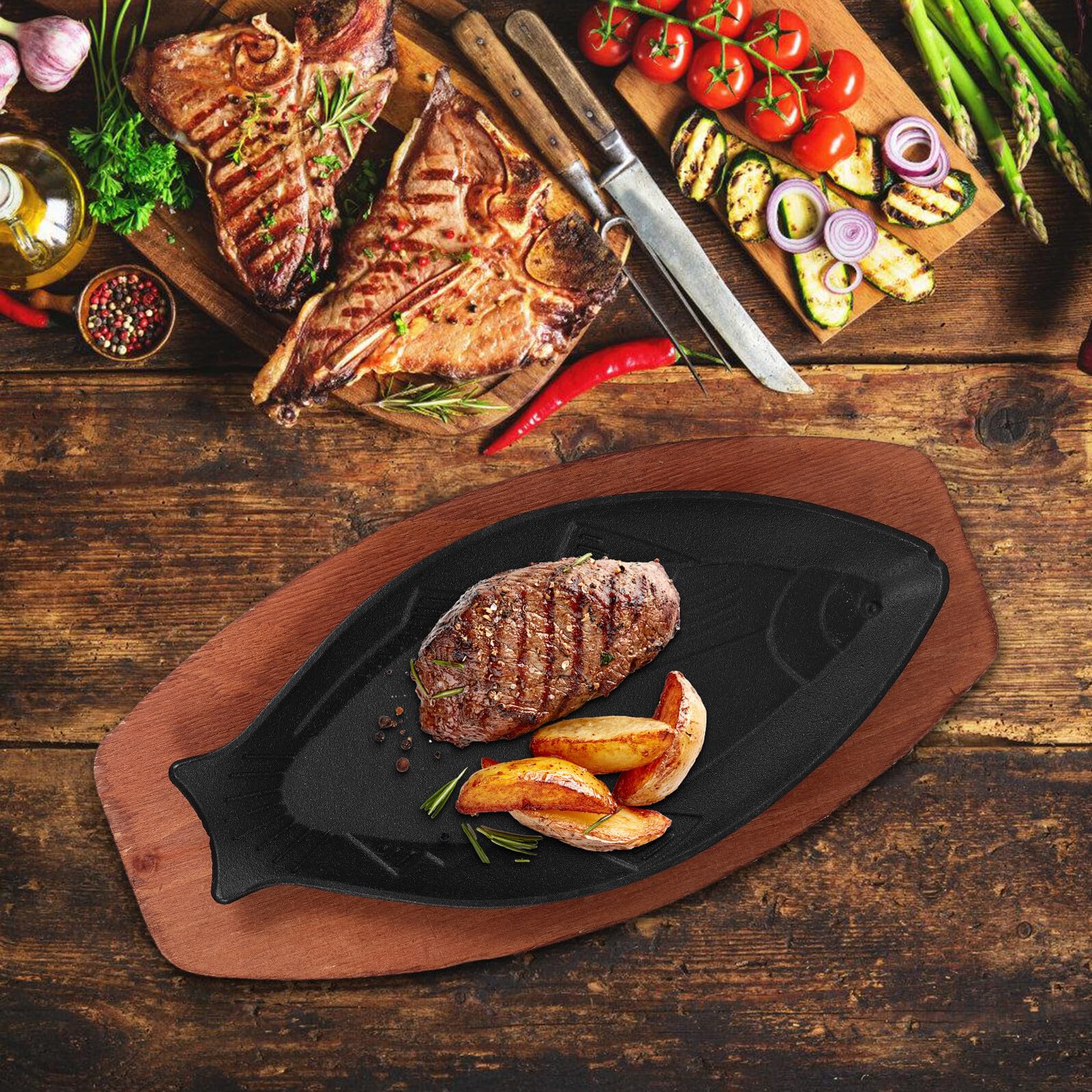 Plato para Freír Barbacoa Forma de Pescado Negro de Hierro | Bandeja de Madera Incluida, Diseño Portátil, Acabado en Negro, Pieza de Cocina para Asar
