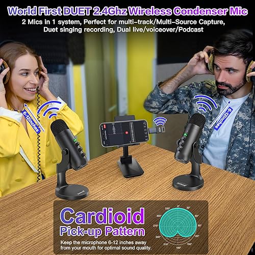 Miniatura 4 de ZealSound Paquete de micrófono inalámbrico, micrófono USB dual para iPhone, PC, iPad, teléfono Android, condensador inalámbrico de escritorio con
